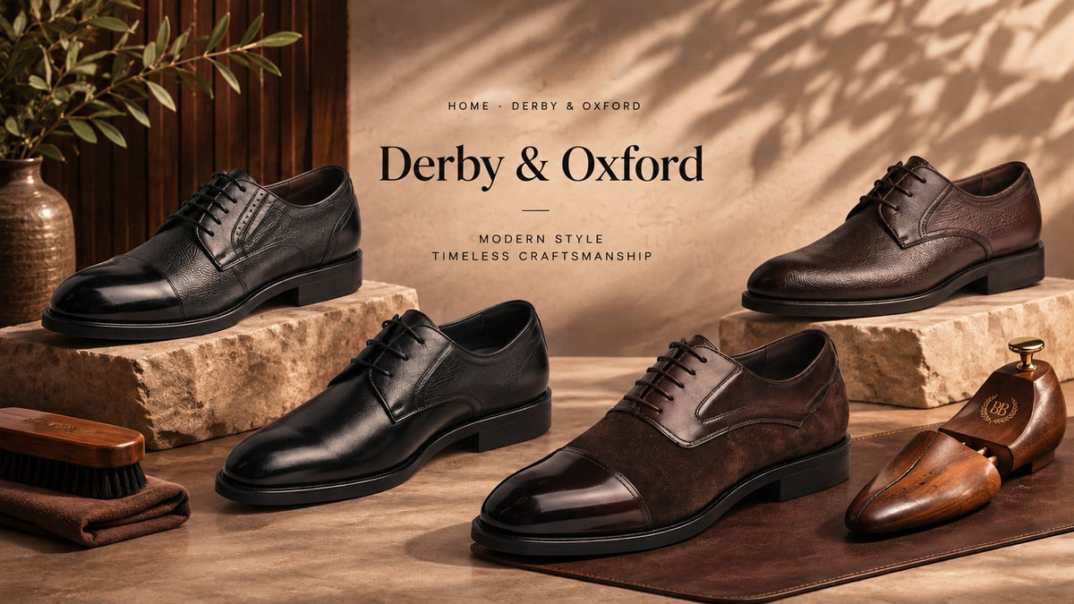 Derby & Oxford collection banner: black and brown derby and oxford shoes with a shoe brush and shoe tree