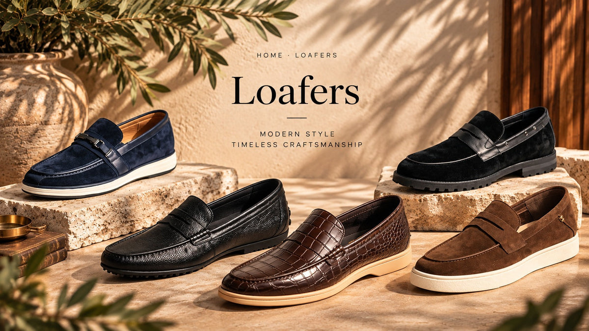 Loafers collection banner: five men's loafers on stone steps with olive branches