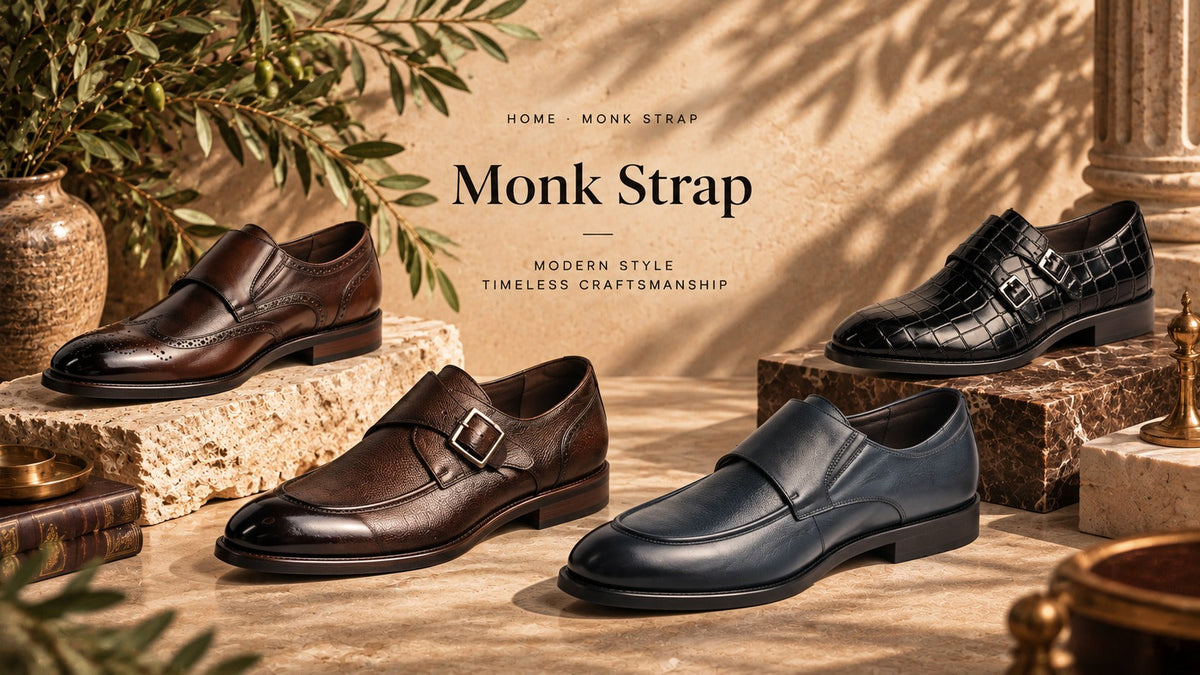Monk Strap collection banner: men's monk strap shoes on stone steps with olive branches