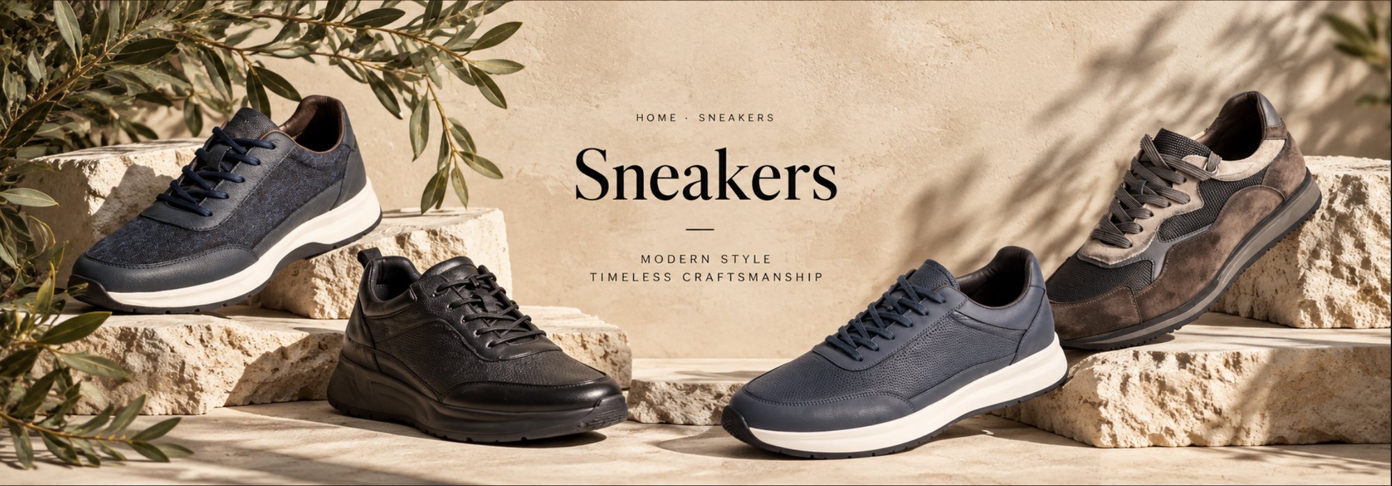 Sneakers collection banner: four men's sneakers on stone steps with olive branches