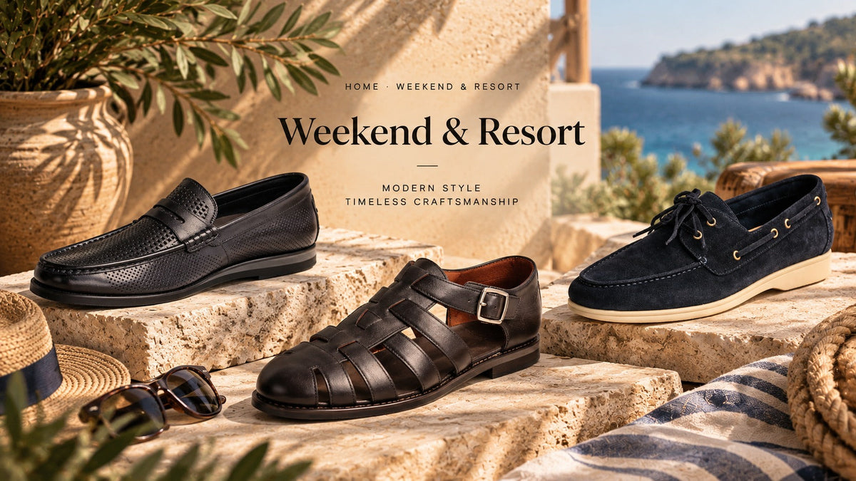 Weekend & Resort collection banner: a black loafer, a black fisherman sandal and a navy boat shoe on sunlit stone steps by the sea