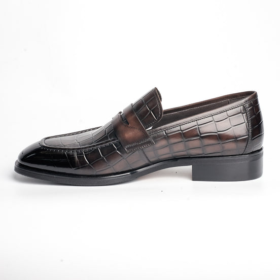 BB-092 Brown - Croc-Embossed Penny Loafer - Bruno Bunker