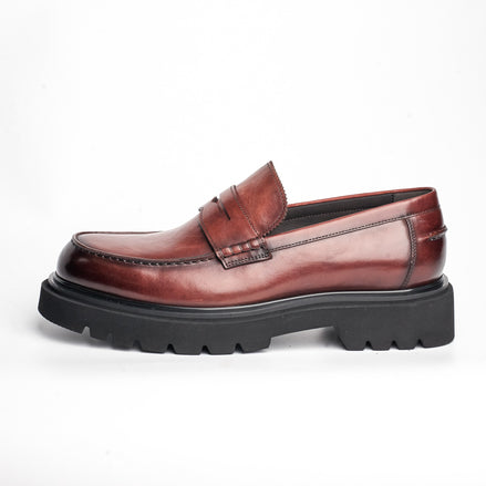 BB-111 Burgundy - Burnished Lug-Sole Penny Loafer - Bruno Bunker