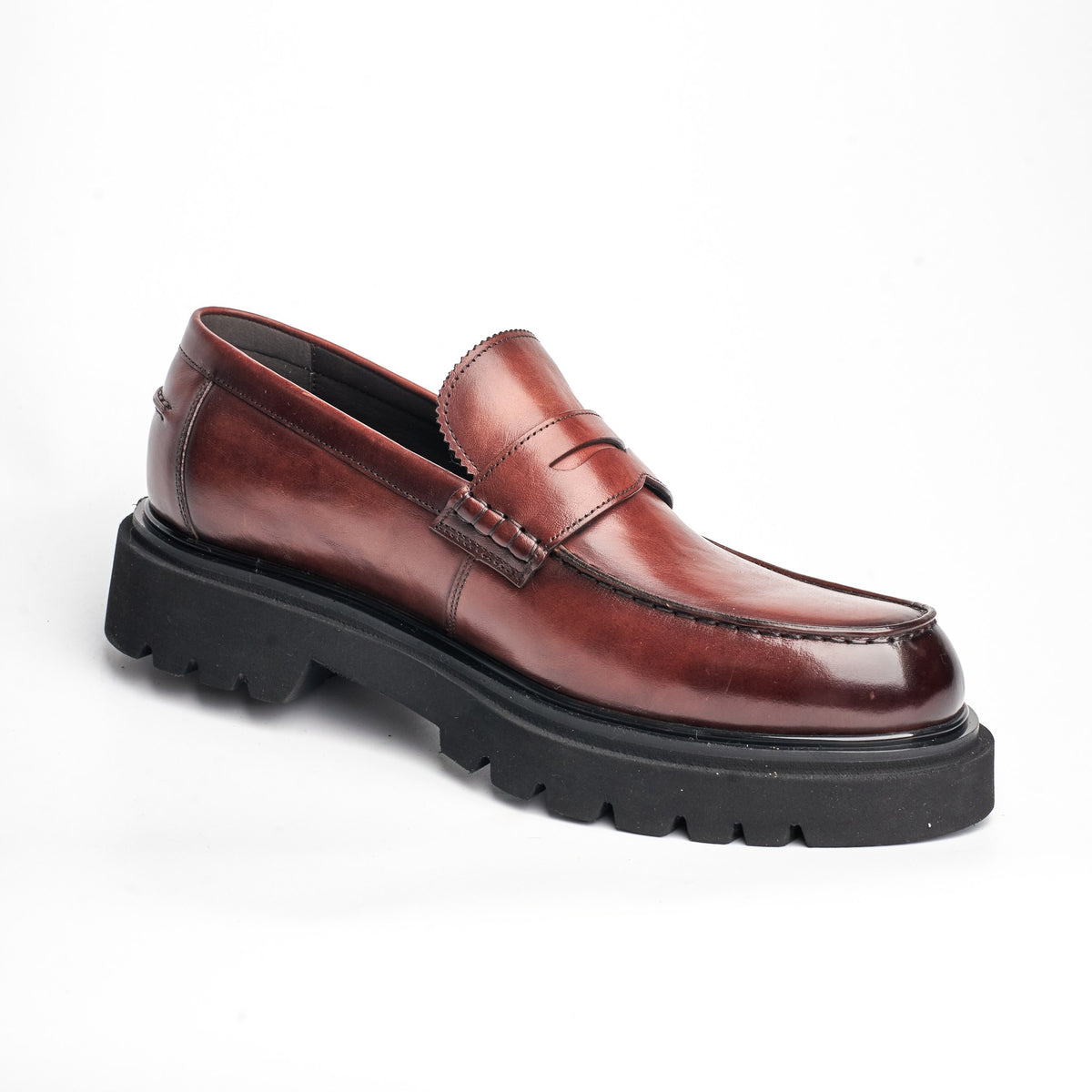 BB-111 Burgundy - Burnished Lug-Sole Penny Loafer - Bruno Bunker