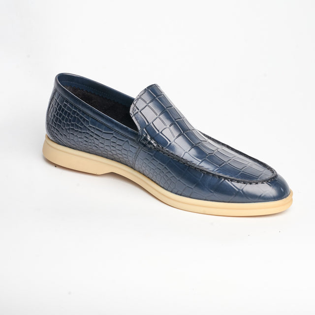 Navy loafer from the front three-quarter angle