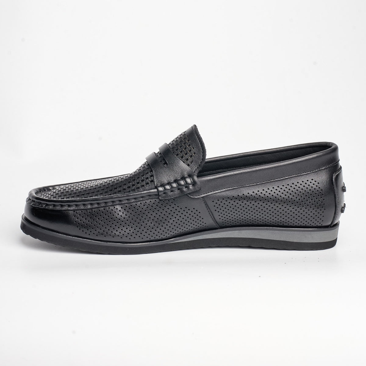 BB-129 Black - Perforated Penny Boat Shoe - Bruno Bunker