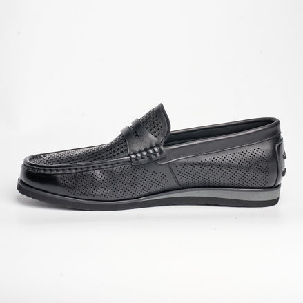 BB-129 Black - Perforated Penny Boat Shoe - Bruno Bunker
