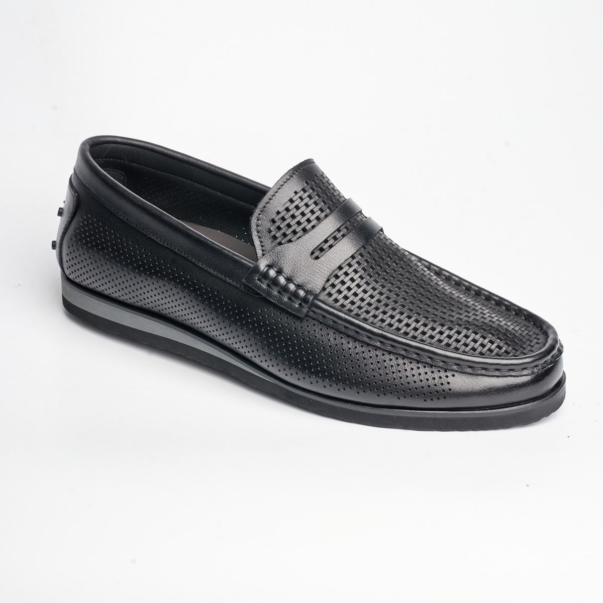 BB-129 Black - Perforated Penny Boat Shoe - Bruno Bunker