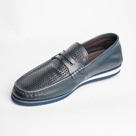 BB-129 Navy - Perforated Penny Boat Shoe - Bruno Bunker