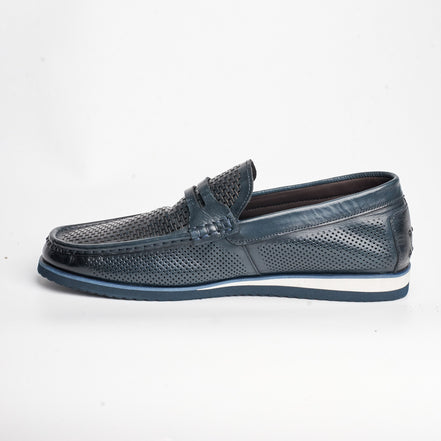 BB-129 Navy - Perforated Penny Boat Shoe - Bruno Bunker