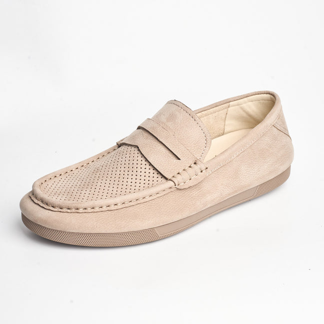 BB-158 Beige - Perforated Flat Moc-Toe Penny Loafer - Bruno Bunker