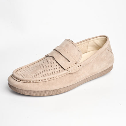 BB-158 Beige - Perforated Flat Moc-Toe Penny Loafer - Bruno Bunker
