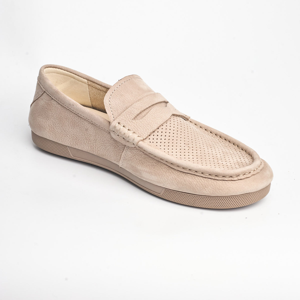 BB-158 Beige - Perforated Flat Moc-Toe Penny Loafer - Bruno Bunker