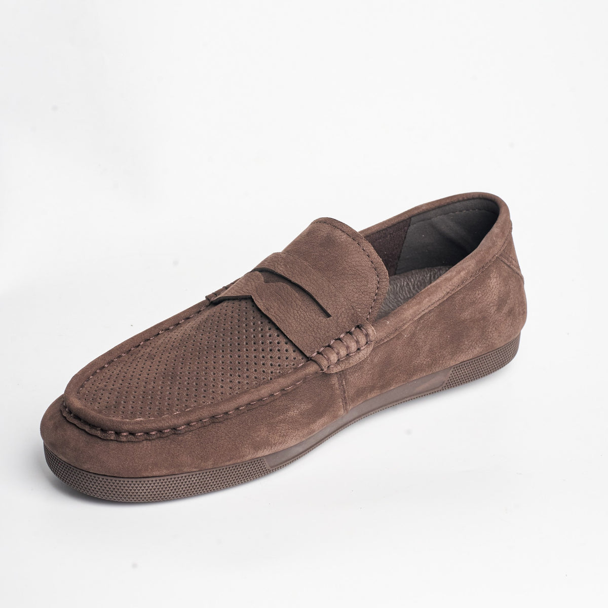 BB-158 Brown - Perforated Flat Moc-Toe Penny Loafer - Bruno Bunker