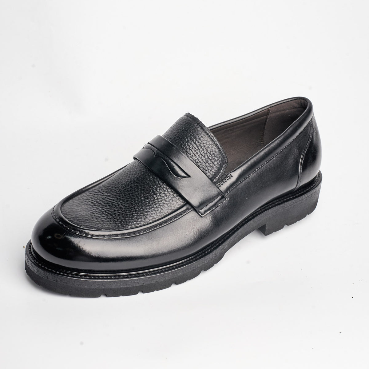 BB-165 Black - Pebbled-Leather Lug-Sole Apron Penny Loafer - Bruno Bunker
