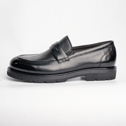 BB-165 Black - Pebbled-Leather Lug-Sole Apron Penny Loafer - Bruno Bunker