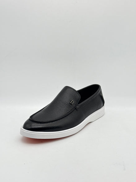 Black Leather Casual Loafer with White Sole