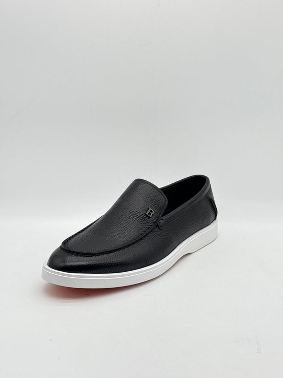 Black Leather Casual Loafer with White Sole