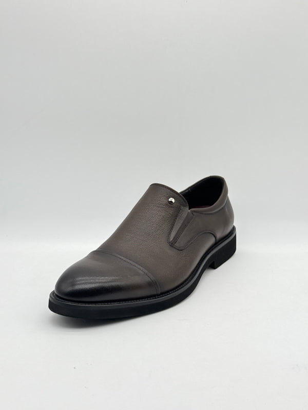 Grey Pebbled Leather Cap-Toe Slip-On