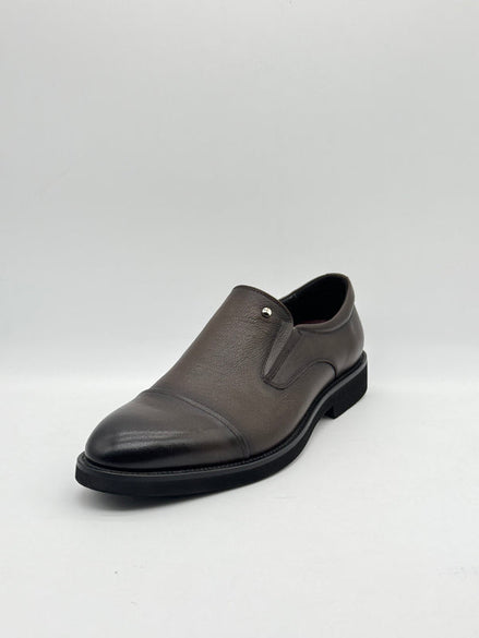 Grey Pebbled Leather Cap-Toe Slip-On