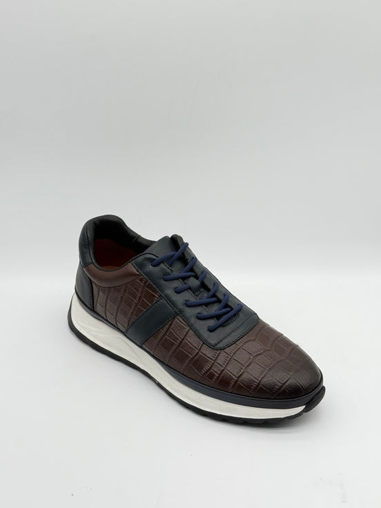Laced Croc-Embossed Leather Runner Sneaker