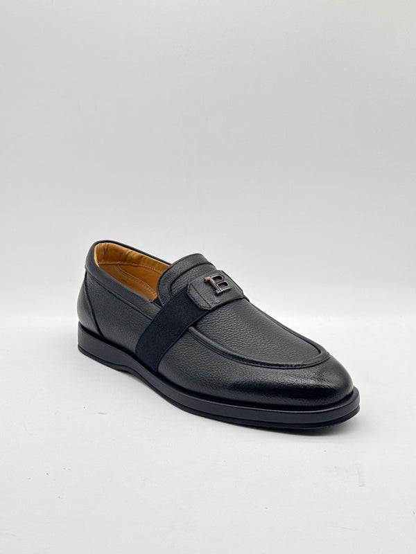 Navy Pebbled Leather Logo Loafer