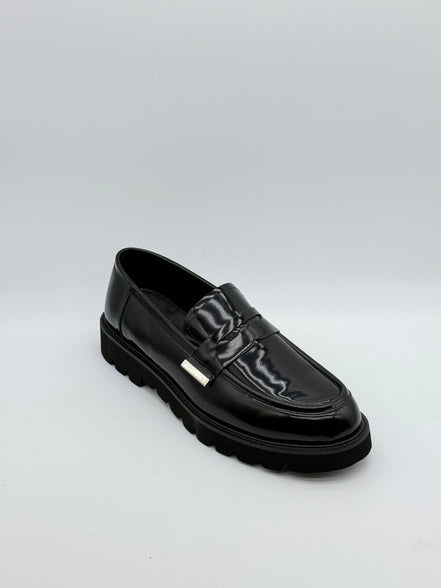 Patent Leather Penny Loafer with Silver Bar