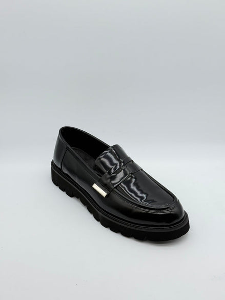 Patent Leather Penny Loafer with Silver Bar