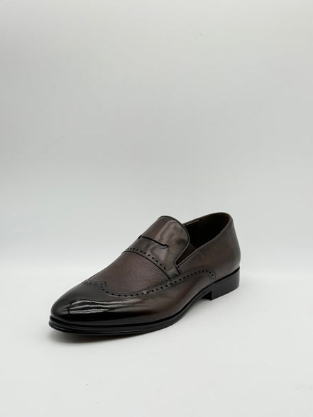 Pebbled Leather Brogue Wingtip Loafer