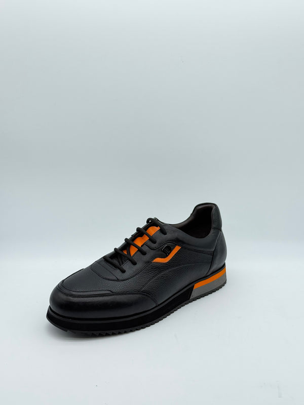 Pebbled Leather Sneaker with Orange Accent
