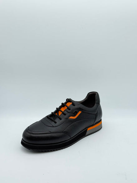 Pebbled Leather Sneaker with Orange Accent