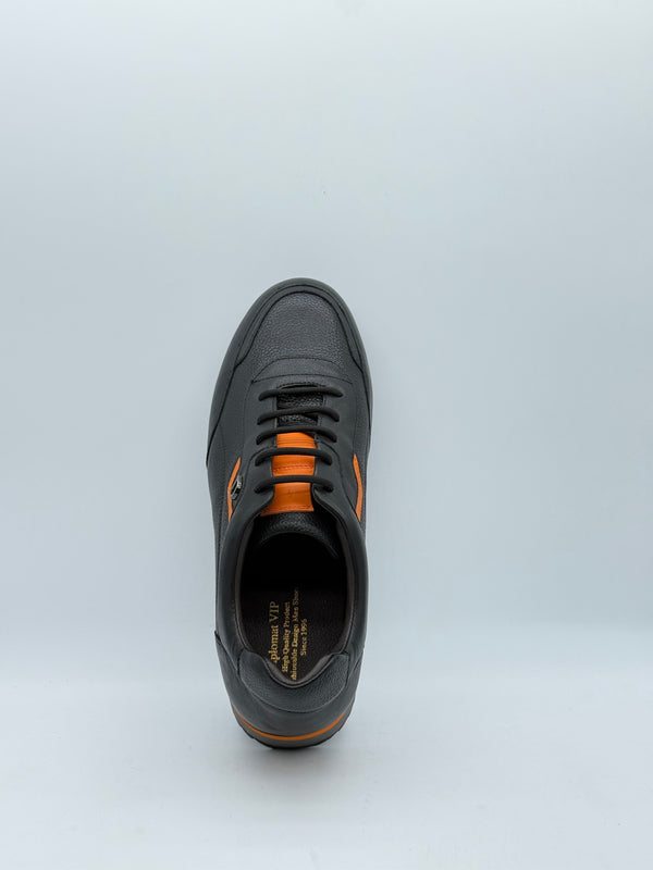 Pebbled Leather Sneaker with Orange Accent