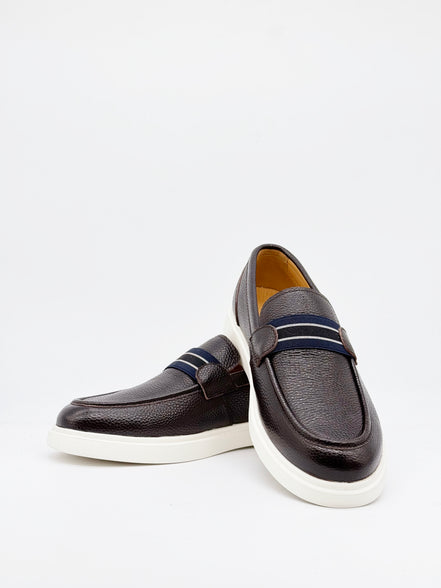 Pebbled Leather Stripe Band Loafer - Dark Brown