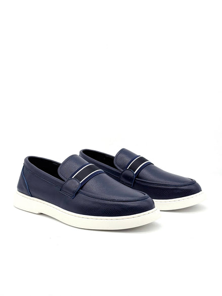 Pebbled Leather Stripe Band Loafer - Navy