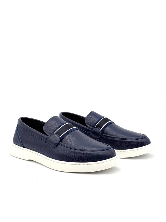 Pebbled Leather Stripe Band Loafer - Navy
