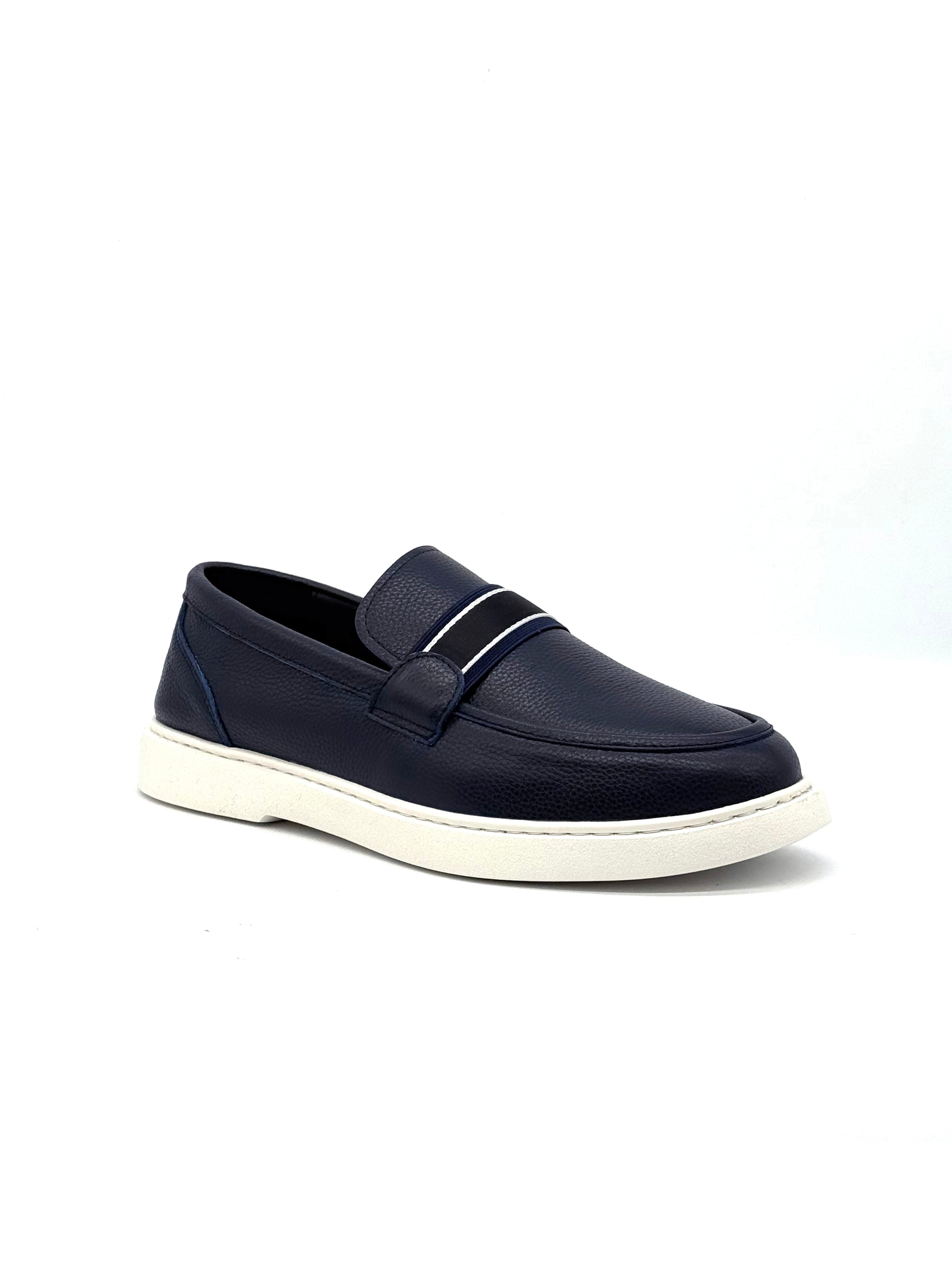Pebbled Leather Stripe Band Loafer - Navy