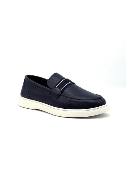 Pebbled Leather Stripe Band Loafer - Navy