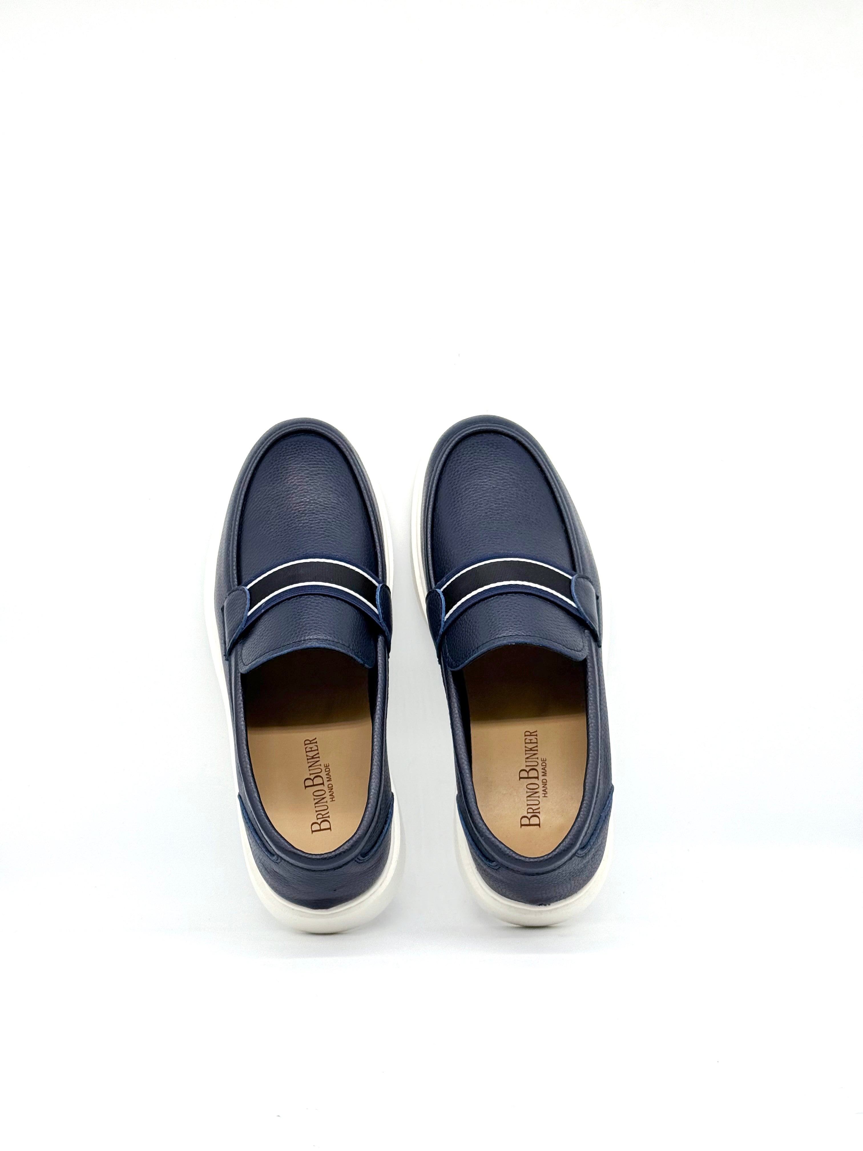 Pebbled Leather Stripe Band Loafer - Navy