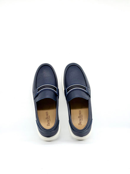 Pebbled Leather Stripe Band Loafer - Navy